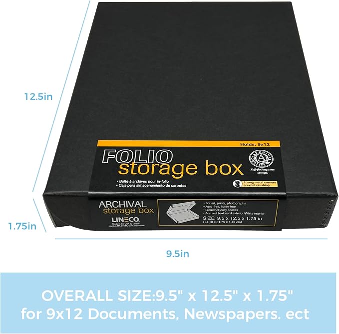 Lineco Clamshell Archival Storage Box, 9.5x12.5x1.75 Inch, Black, Pack of 2 | Acid-Free with Metal Edge Boxboard, Organize and Store Photos Documents Cards Negatives Magazine Prints Family Records DIY
