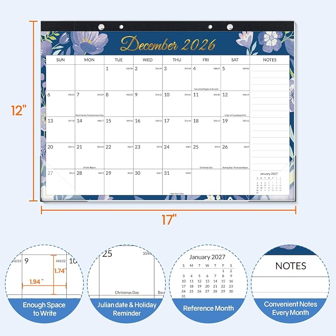 SUNEE Desk Calendar 2027 - 17" x 12" Desk Pad Calendar, 18-Month Monthly Planner Oct. 2026 - Mar. 2028, Desktop Calendar with 308 Planner Stickers, Plastic Protective Corners for Office, School and Home, Floar