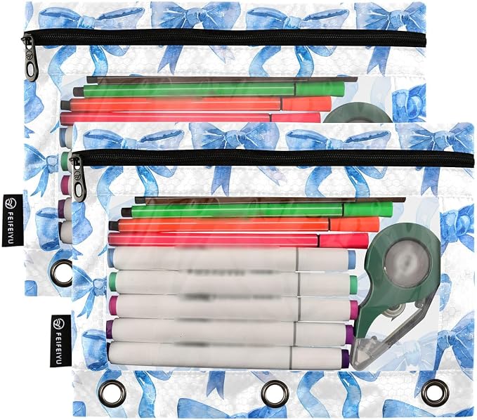 Custom Binder Pencil Pouches Personalized Blue Ribbon Bows Watercolor Pen Case | Clear Window 3 Rings, Cosmetic Bags School Office Supplies Cosmetic Makeup Bag 2 Psc