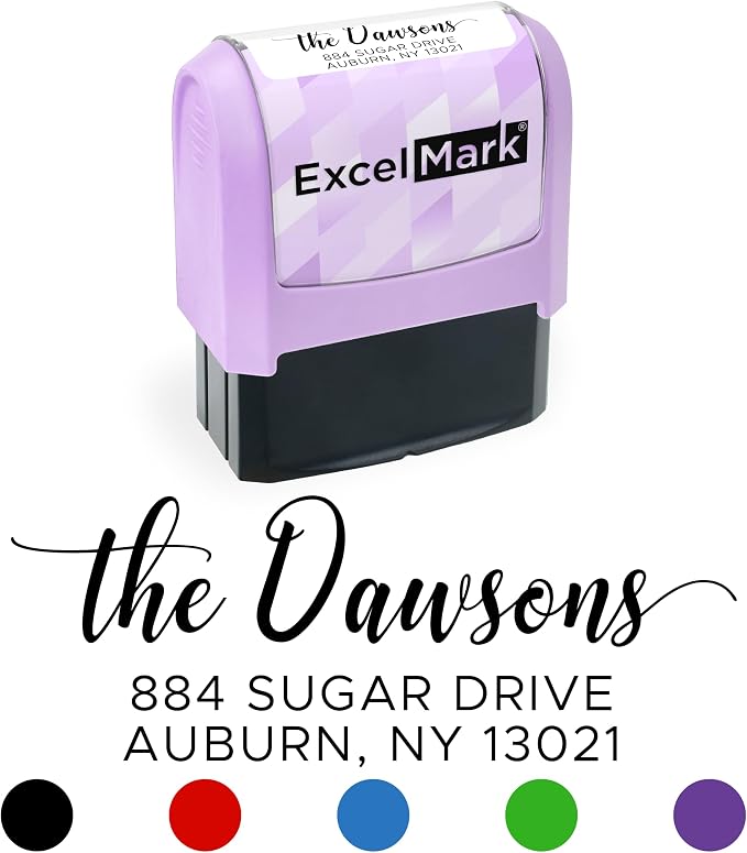 ExcelMark Address Stamp - Custom Return Address Stamp with Elegant Designs, Vibrant Colors & Patterns – Perfect for Mail, Invitations & Gifts (Violet, Signature Script)