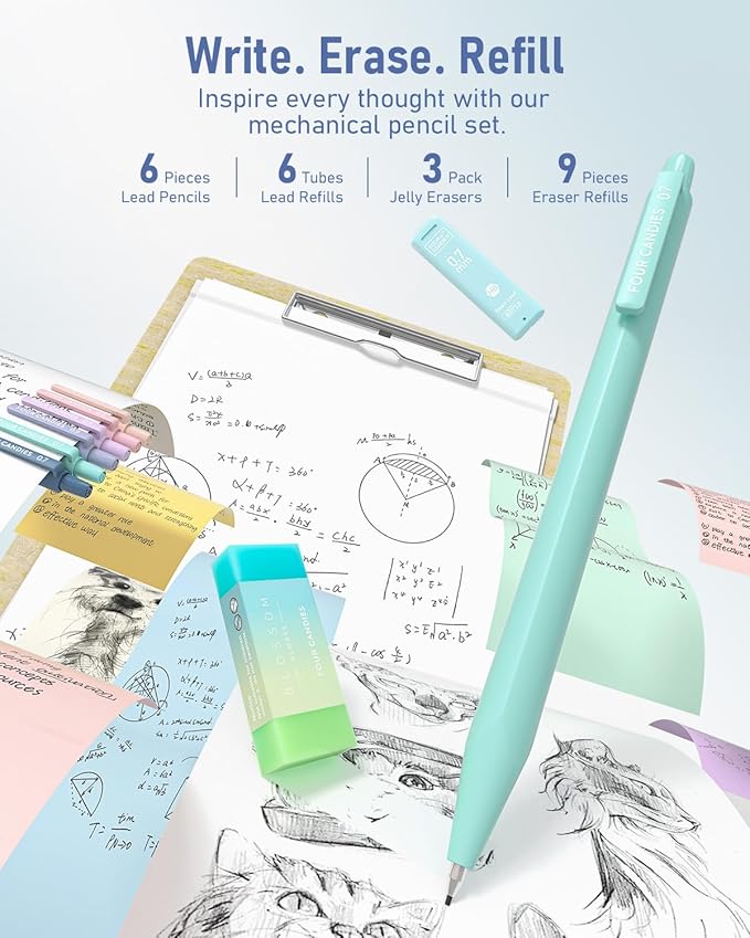 Four Candies School Supplies with Cute Pen Case, 39ct, Blue | Back to School Stationery Set, Essentials for College & Nursing Students, 5 Gel Pens, 6 Mechanical Pencils, 12 Highlighters