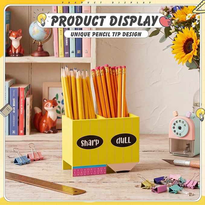 DoubleFill 1 Pcs Normal Pencil Shaped Holder Sharp Dull Holder Wooden Dispenser Pencil Storage with Classic Composition Notebook Design for Back to School Teachers Classroom Organization Accessories