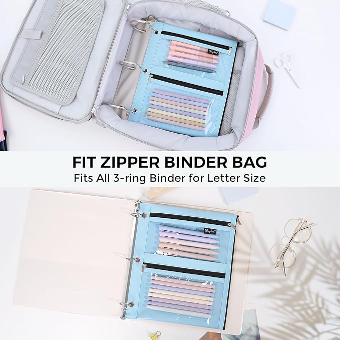 SKYDUE Binder Pencil Pouch for 3 Ring Binder, 3 Compartment Zipper Case, Large Capacity Pen Organizer with Clear PVC Window for School Supplies, Students, Kids & Teachers