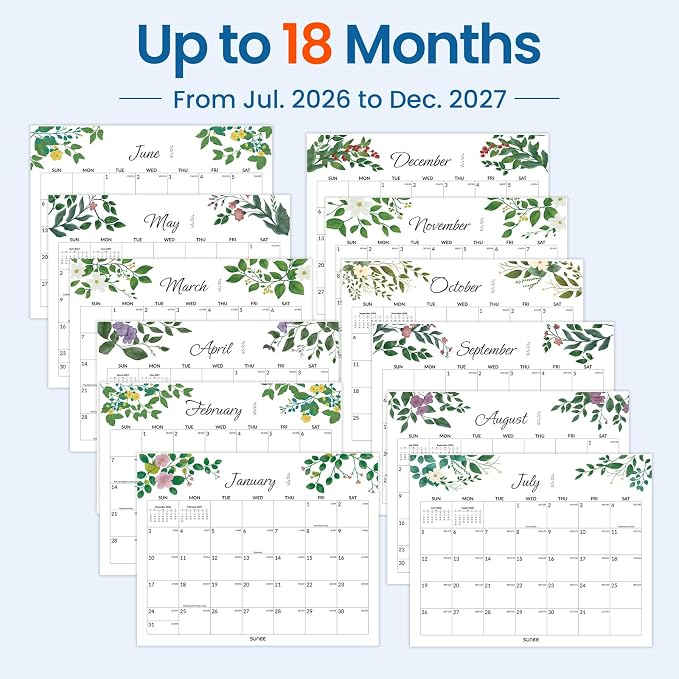 SUNEE Wall Calendar 2026-2027 18 Months Jul. 2026 - Dec. 2027, 14.5"x11.5" Big Grid Hanging Calendar with Note for Organizing & Planning, Monthly Calendar 2026-2027 with Last Month and Next Month, Greenery