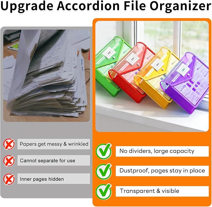 Plastic Expanding File Folder, Transparent Envelopes with Snap Closure | No Dividers, Large Capacity, Assorted Colors, Accordion Folder Organizer for File Folder, Fits Letter / A4 Size, 10 Pack