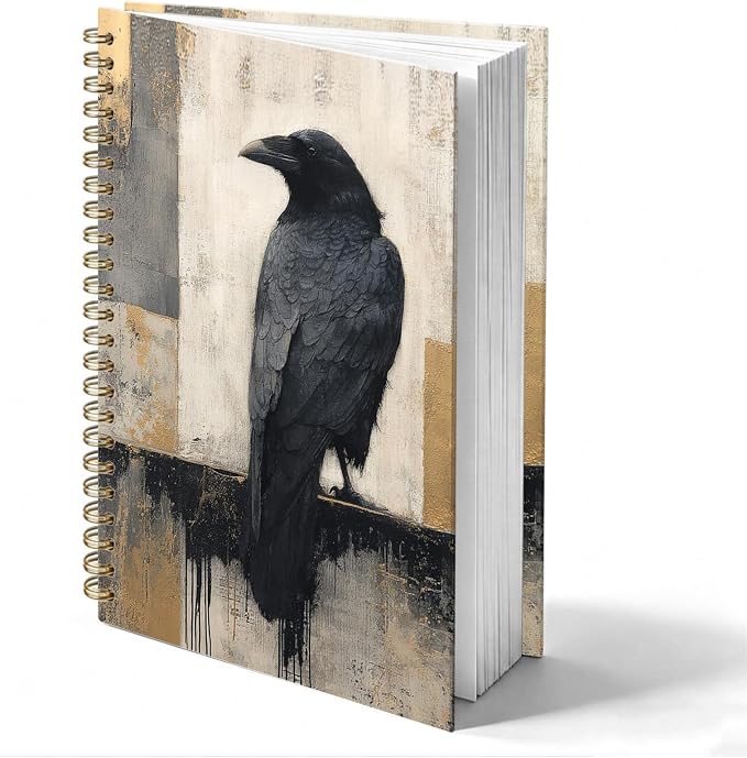 HOXUNQINA Dark Academia Gothic Raven Journal Notebook 5.5x8.3 | Raven Gifts for Women Men Journal, Modern Abstract Minimalist Black Crow Notebooks for Work