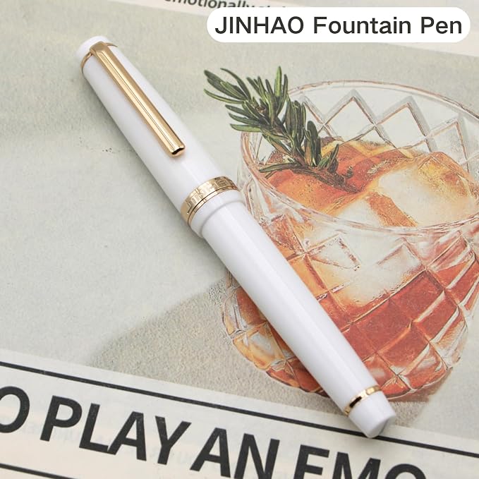 82 Fountain Pen - Iridium Medium Nib with Ink Converter | Acrylic Material Pen Barrel,Porcelain White,Gold Trim