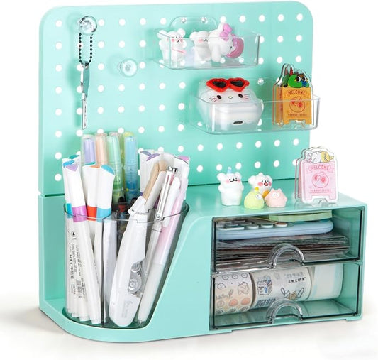 Comix Desk Organizer with Drawer, 360° Rotating Pen Holder for Desk, Pen Organizer with 5 Slots Pencil Holder+Pegboard+2 Drawer for Office Home Art Supplies (Green)
