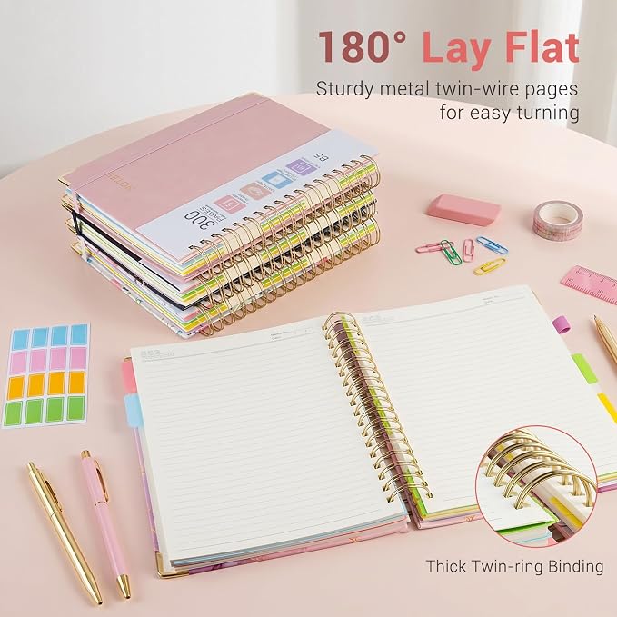 Hardcover Spiral Journal Notebook, 300 Pages 5 Subject Notebook College Ruled with Removable Dividers Tabs, 8" x 10" Notebooks for Work, Spiral Ruled Lined Writing Journal Hardcover Leather Notebook for School (Purple marble, 8''x 10'')