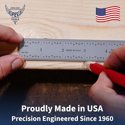 PEC Tools 12" Rigid Metal Ruler, Made from Premium Stainless Steel, 4R Graduation (1/8", 1/16", 1/32", 1/64"), Fully Hardened and Tempered Machinst Rule, Made in USA