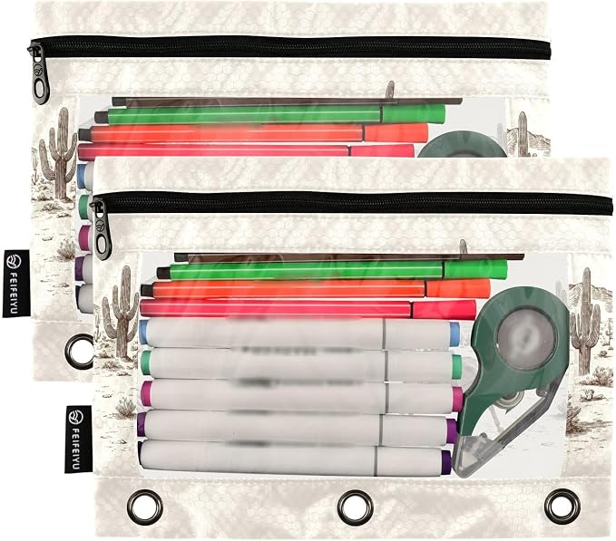 Gredecor Binder Pencil Pouch 3 Ring Wild West Desert Cowboys Zipper Pencil Pouches Case 2 Pack Clear Binder Organizer for School Office