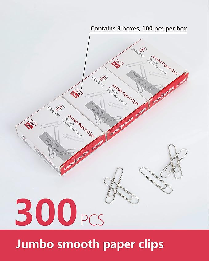 PAPERPAL Paperclips for Office School & Personal Use, Jumbo Smooth Paper Clip (2"), 300 Large Paper Clips (3 Boxes of 100 Each), Silver | Large paper clips for office, school and personal use, conveniently packed in 3 boxes of 100 each.