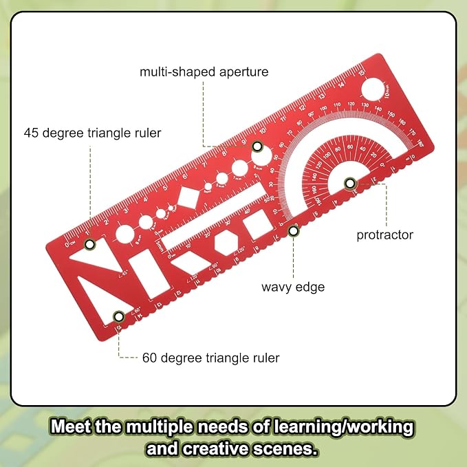 HARFINGTON Multifunctional Geometric Rulers 15cm Metric and SAE Aluminum Straight Edge Protractor Angle Math Measuring Ruler Geometric Drawings Templates for Drawing Drafting, Red