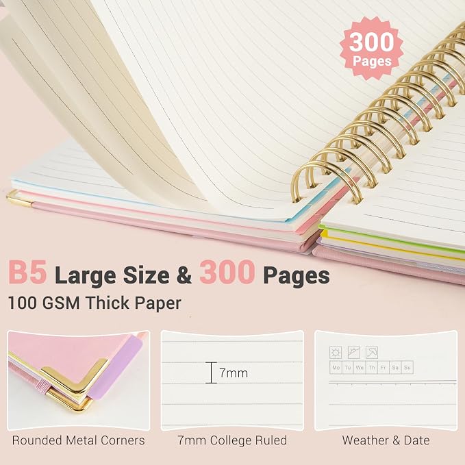 Hardcover Spiral Journal Notebook, 300 Pages 5 Subject Notebook College Ruled with Removable Dividers Tabs, 8" x 10" Notebooks for Work, Spiral Ruled Lined Writing Journal, Hardcover Leather Notebook for School (Pink, 8''x 10'')