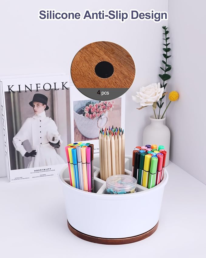Pen Organizer For Crayon Marker Color Pencil, Lazy Susan Art Supply Storage Organizer, Pen Holder For Desk School Office Home White & Black