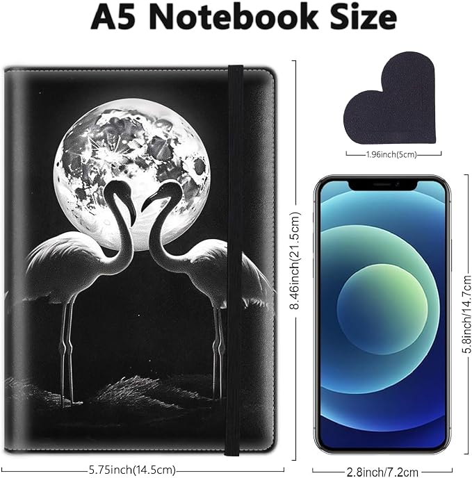 A5 Leather Lined Journal Notebook, 200 Pages Hardcover Executive Notebook for Men Women Office School Note Taking, Thick Writing Paper Daily Journal with Bookmarks/Indexes, Flamingo Moon