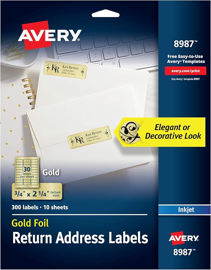 Avery Gold Address Labels for Inkjet Printers, 3/4" x 2-1/4", 300 Labels, 5 Packs (8987)