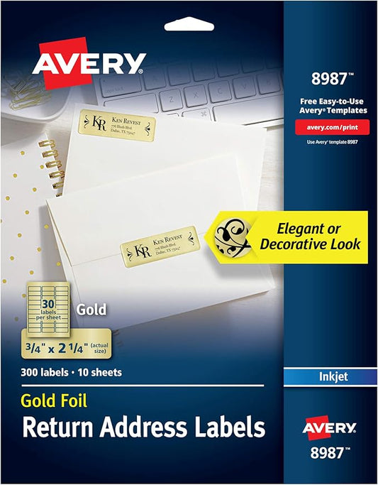 Avery Printable Return Address Labels, 0.75" x 2.25", Gold Foil, 300 Blank Mailing Labels (08987)