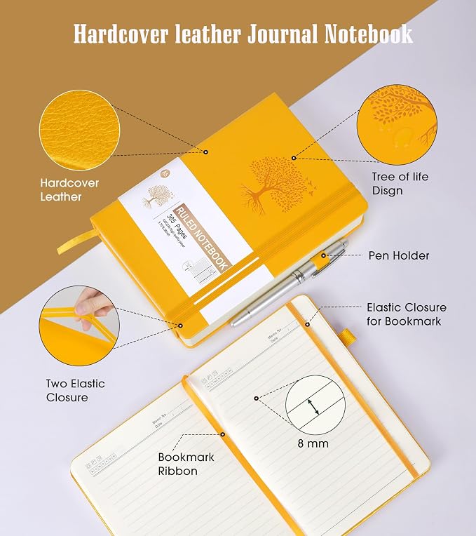 Lined Journal Notebook -365 Pages A5 Thick Journals for Writing College Ruled Notebook, Hardcover Leather Journal for Women Men, Daily Journal Notebook for Work, Note Taking, 100Gsm Lined Paper ( 5.75'' X 8.38'' Yellow)