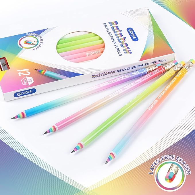 ECOTREE Pre-sharpened Pencils #2 Eco Rainbow Paper Pencil Cute Pencil for Kids Number 2 Pencils with Erasers for School, Writing, 12 Count