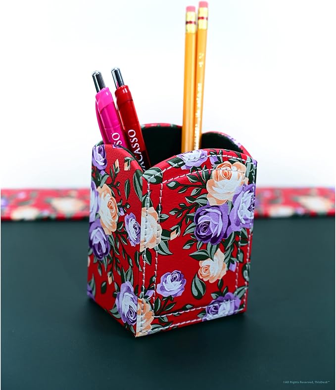 This Desk by Dacasso PU Leather Desk Set - Luxury Leather Desk Pad & Desk Organization Essentials - Office Organization & Executive Office Desk Decor - (Floral Red, 5 Piece)