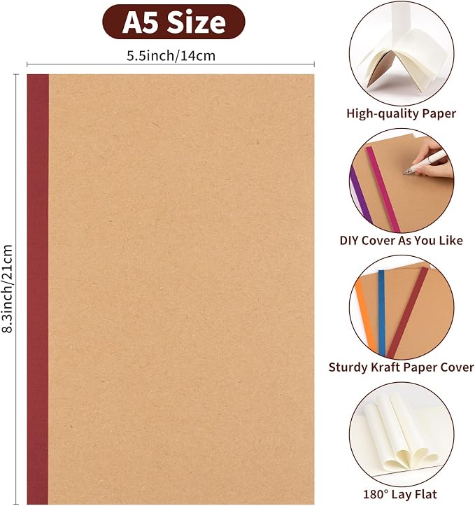 ALKALO 60 Pack Blank Notebook Journals Bulk, A5 Unlined Paper Composition Notebook, 8.3”x 5.5”, Kraft Cover with Vintage Spines, 15 Colors 60 Pages for School Office Travel(Vintage-Blank-60 pack)