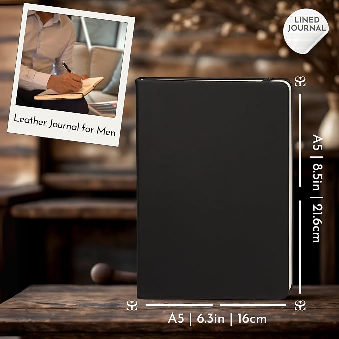 SETTINI® Hardcover Lined Journal Notebook A5 120 GSM Lay-Flat, Onyx Black | lay-flat binding, 120 GSM thick paper, A5, lined, ribbon bookmark, elastic closure, for men