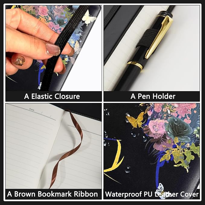 A5 Leather Lined Journal Notebook, 200 Pages Hardcover Executive Notebook for Men Women Office School Note Taking, Thick Writing Paper Daily Journal with Bookmarks/Indexes, Women and Butterflies