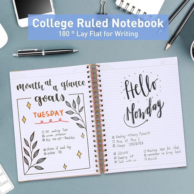 Spiral Notebook, College Ruled Notebook Journal, 7” x 10”, 300 Pages Leather Writing Journal for Women Men, B5 Hardcover Notebook for Work School, 24pcs Index Tabs, Light Blue