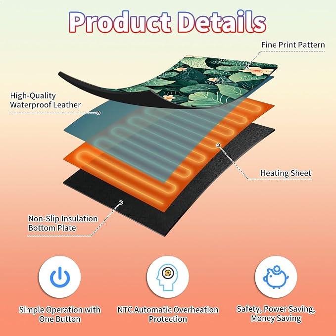 Heated Desk Pad Large Mouse Pad 23.6 x 14.1 inch with 3 Levels Heating & Auto Shut-Off Warm Mouse pad PU Leather Computer Mousepad for Home Office Work - Green Leaf Flowers