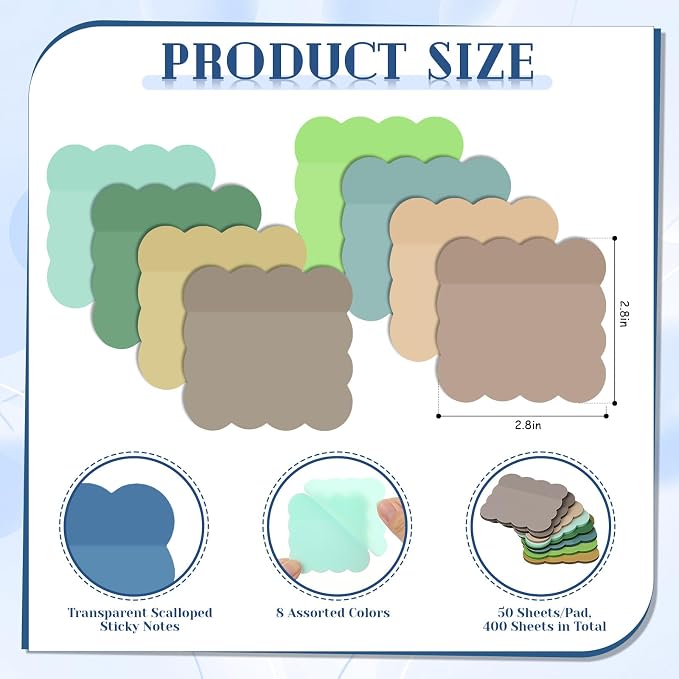 Eaasty 400 Sheets Transparent Scalloped Sticky Notes 2.8x2.8 Clear Sticky Notes 8 Pads Cute Wavy Translucent Pads Waterproof See Through Note for Bible Study Annotation School Office(Soft Morandi)