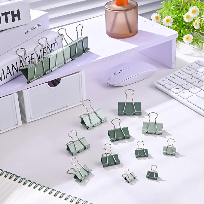 Temiary Metal Binder Clips, Assorted Sizes Extra Large, Large, Medium, Small, Mini, Micro Binder Paperwork Clip, Morandi Colored Paper Clamps Bulk for Office, Home, School (Green 208P)