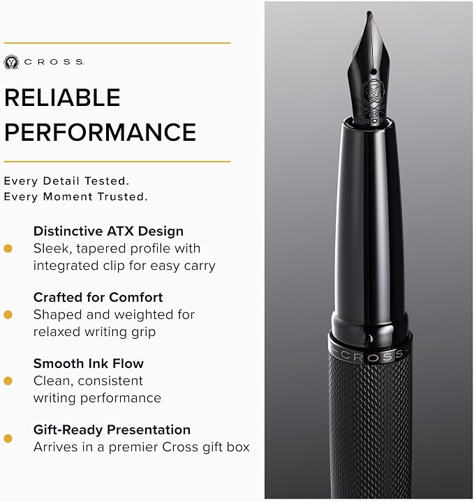 Cross ATX Brushed Black Stainless Steel Fine Nib Fountain Pen - Refillable Pen for Smooth Writing - Black Ink - Comfortable Grip - Long-Lasting - Professional Office Supplies