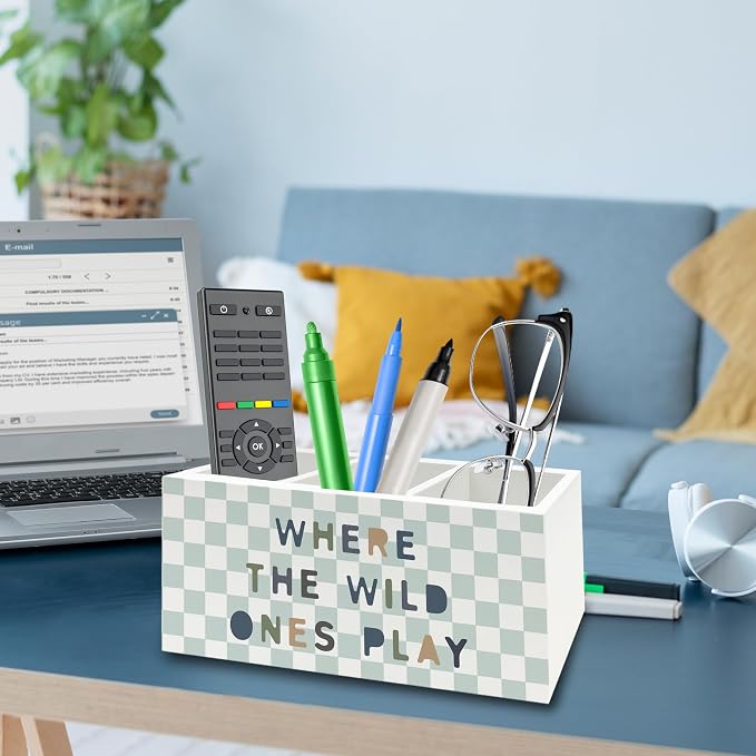 Kids Playroom Boho Pen Pencil Holder Organizer for Desk, Boy Girl Nursery Checkered Wooden Box Signs Decorations for Kids Room Playroom Classroom Desk Tabletop, Boys Girls Room Decor