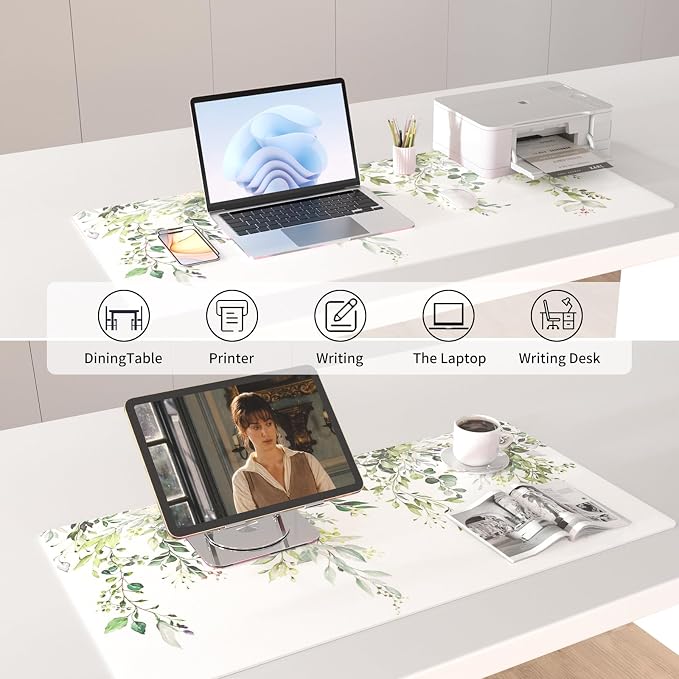 Colorful Star Green Leaves Waterproof Office Desk Mat, 31.5" x 15.7" | Large Non-Slip Gaming Mouse Pad, XXL PC Laptop Protector Pads, PU Leather Desk Writing Pads for Office Home