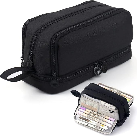 MAMUNU Large Capacity Pencil Case 4 Compartments, Pencil Pouch Bag with Zipper Portable Handle, Pen Case Bag Stationery Organizer for Office College School Adults Teen Girls Boys Men Women, Black