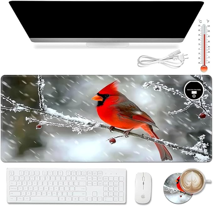 Warm Desk Pad,Heated Desk Pad,Office Mat,3 Heating Levels & 3 Hours Auto Shut-Off,31.5"*13" Gaming Mouse Laptop Keyboard Leather Desk Mat,Red Main Cardinal Bird