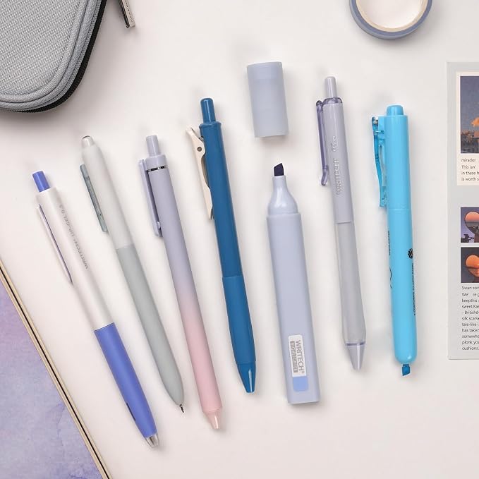 WRITECH Gel Pens Journaling Highlighters: Journal Set Aesthetic Assorted Pastel Color Ink 0.5mm Fine Point Retractable 0.7mm Black Pen Smooth Writing Drawing No Bleed 7ct (Blue)