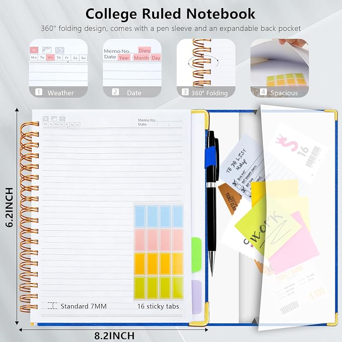 Hardcover Spiral Notebook College Ruled, 6.2"x 8.2" Leather Journal Notebook with Magnetic Closure, 300 Pages 5 Subject Notebook with Dividers Tabs Journal for Women Men, Work, School(College Blue)