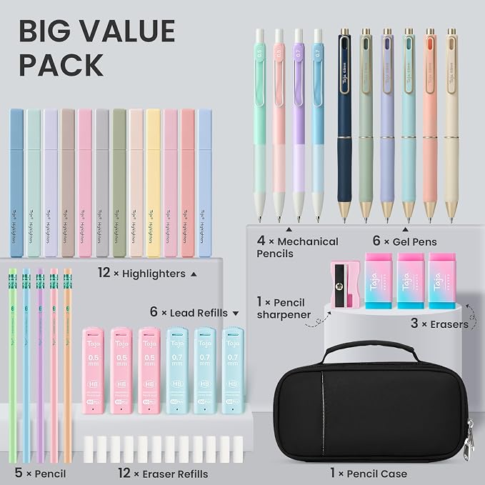 Cute Pencil Case With Supplies, 39 PCS Aesthetic Stationery Set with Pencil Pouch, 6 Black Ink Gel Pens, 12 Pastel Highlighters, 5 #2 HB Pencils, 4 Mechanical Pencils, Back to School Supplies - Black