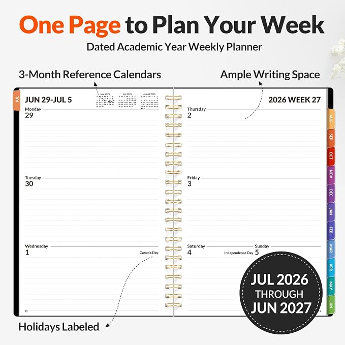 SUNEE Academic Planner 2026-2027 – Weekly & Monthly Planner, July 2026 to June 2027, 6.4"x8.3", Thick Paper, Tabs, Pockets, Bookmark, Spiral-Bound, Student Teacher Organizer, Black