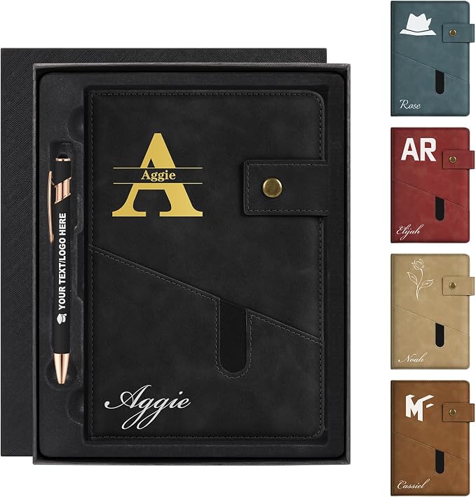 ENOMY A5 Personalized Notebook Journal with Pen & Gift Set Custom Hardcover Notebook 200 Pages Thick Daily Diary for Men Women Lined Journal for Work College Travel Writing, Black