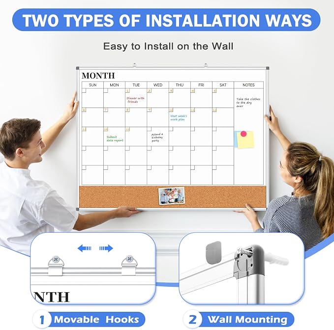Large Monthly Dry Erase Calendar Whiteboard for Wall, 48" x 36" Double-Sided Big Calendar White Board Cork Board Combo, Aluminum Framed Month Planning Bulletin Board for Office, School, Home
