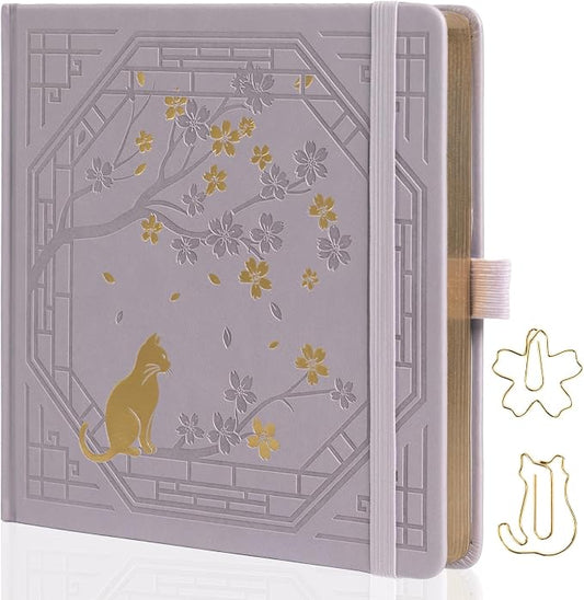 TIEFOSSI Square Dotted Journal, Cute Cat Journal for Women Girls, Dot Notebook with Pretty Sakura Pattern, Aesthetic Diary for Writing Journaling Drawing, Golden Edges, 8 x 8 IN