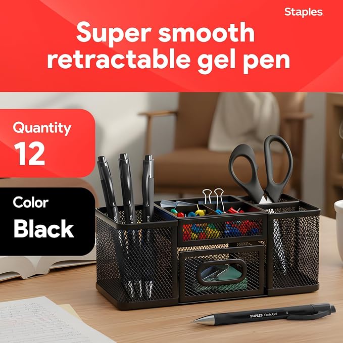STAPLES Retractable Gel Pens, Medium Point 0.7mm, Black Ink, 12 Pack – Sonix Crisp‑Line Gel Pens with Pocket Clip