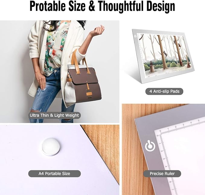 Silver A4 Dimmable LED Artcraft Light Box Tracer Slim Light Pad Portable Tablet, USB Power Cable Copy Drawing Board Tracing Table for Artists Designing, Animation, Sketching, Stenciling X-ray Viewing
