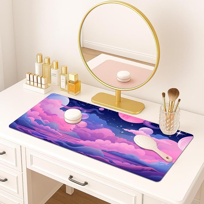 Britimes Pink Blue Planet and Clouds Desk Mat Cute Colorful Sky Deak Pad Non-Slip PU Leather Large Keyboard Mouse Pad Office Desktop Accessories for Office,Work,Home Decor(31.5"X15.7")