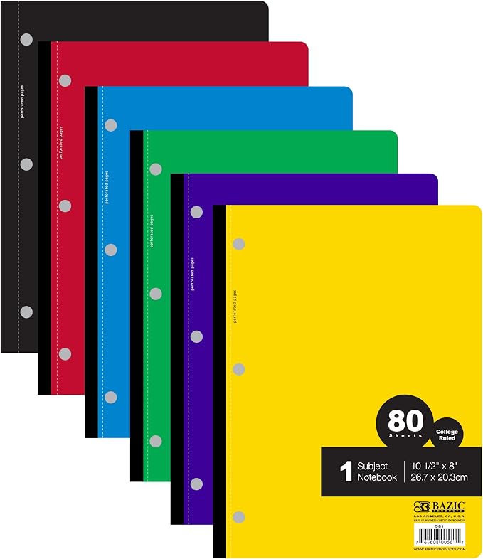BAZIC PRODUCTS 1-Subject Wireless Notebook, College-Ruled, 80 Ct, 6 Titles | 80 college-ruled sheets, flat glue-bound spine, 10.5 x 8 in, No wire to snag