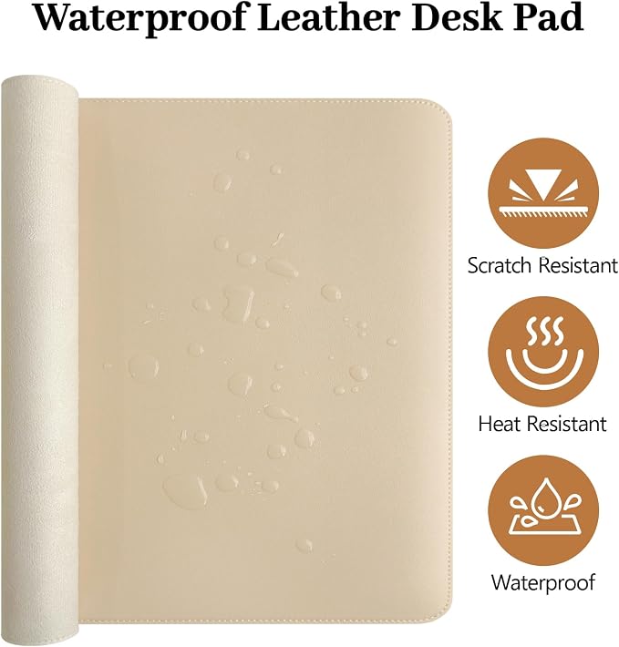 Beige Leather Desk Pad and Keyboard Wrist Rest, 3in1 Mouse Pad + Keyboard Wrist Rest + Mouse Wrist Rest, Non-Slip Waterproof Desk Writing Pad for Office and Home (27.6"×13.8")
