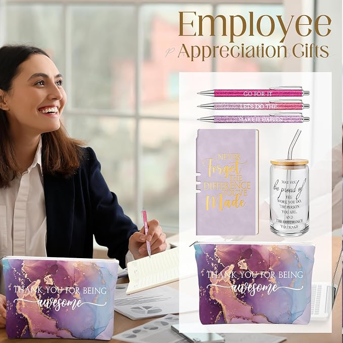 Funnymoom 6 Pcs Appreciation Gifts Set for Women Back to School Teacher Gifts Employee Thank You Gift with 17 oz Glass Tumbler Journal Pens and Pouch for Coworkers Educators,Marble,Purple